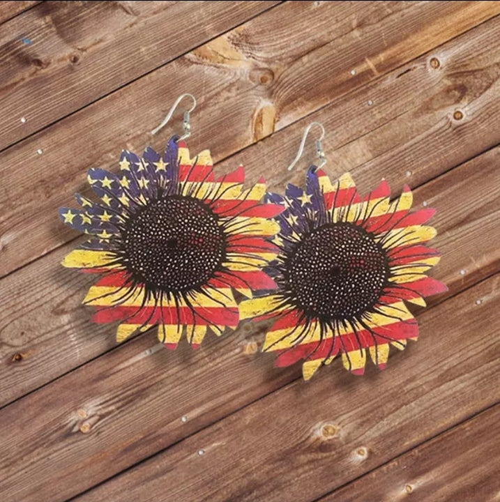 WOOD Sunflower, American Flag Earrings