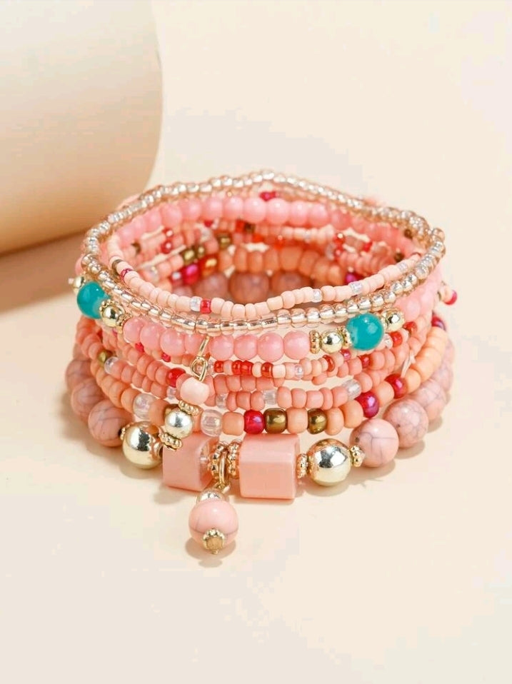 8 Pcs Colorful Stack Bracelets - Pink or Black