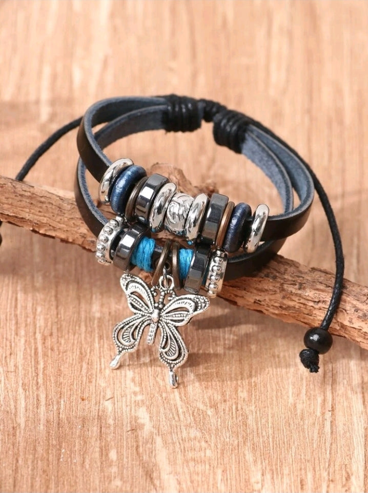 Urban Butterfly Charm Layered Bracelet - Pull String