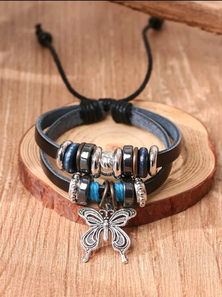 Urban Butterfly Charm Layered Bracelet - Pull String