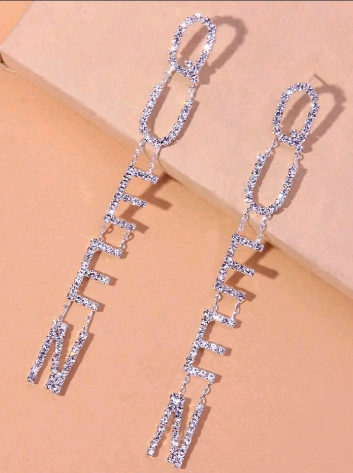 Queen, Link Rhinestone Crystal, Letter Drop Earrings