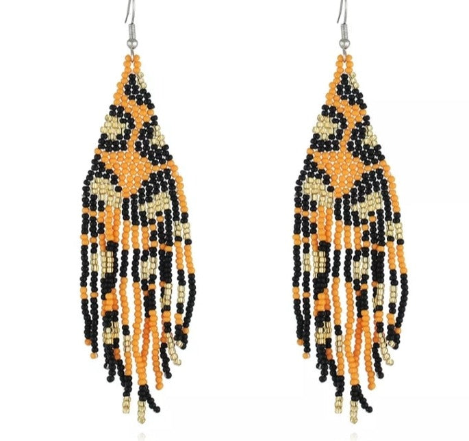 Leopard Print, Seed Bead (Orange, Gold, and Black) Earrings