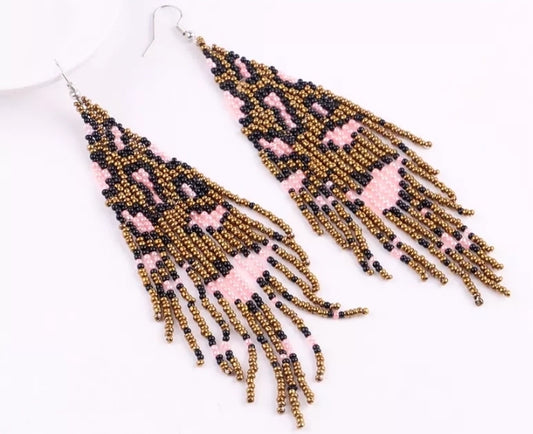 Leopard Print, Seed Bead Earrings (Brown and Pink)