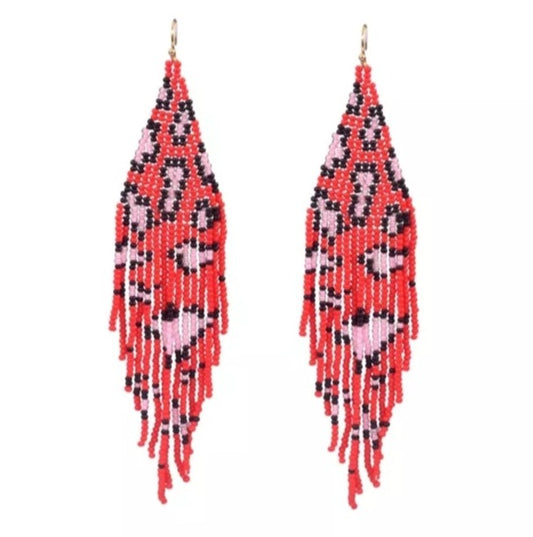 Leopard Print, Seed Bead Earrings (Red and Pink)