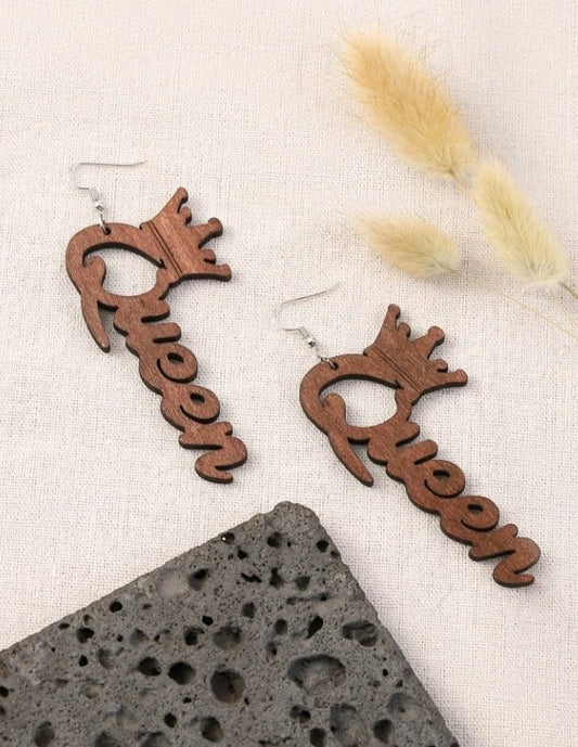 Wooden, Crown / Queen Letter Drop Earrings (Brown)