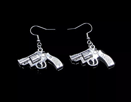 22mm Pistol Revolver Silver Earrings
