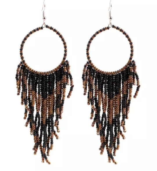 Seed Bead Tassel Earrings (Colors, Turquoise/Brown, Hot Pink/Gold, Black/Gold or Coral/Gold)