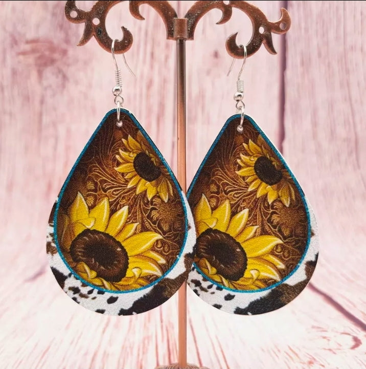 Western Turquoise Cross Print or Sunflower Cowhide Leather Earrings