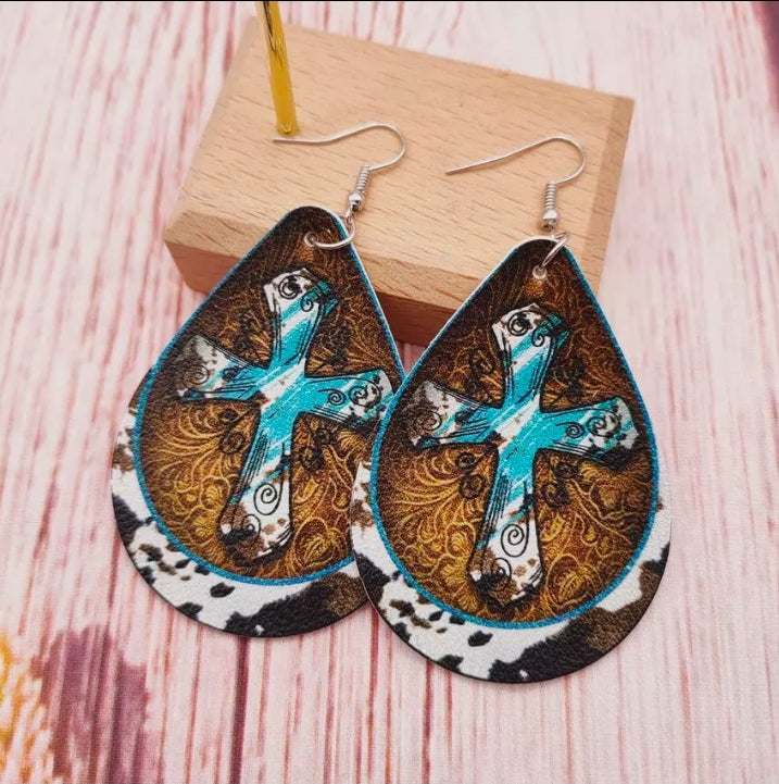 Western Turquoise Cross Print or Sunflower Cowhide Leather Earrings