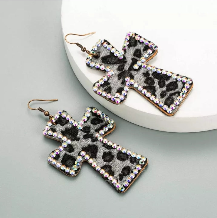 AB Crystal Leather Leopard Print Cross Drop Earrings