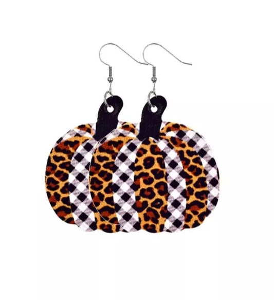 Leopard/ Checkered Pumpkin Earrings