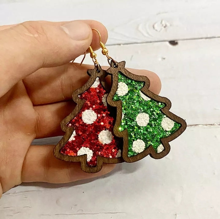 Christmas Tree Wood Cow Print  or Red / Green Glitter, Genuine Leather Earrings