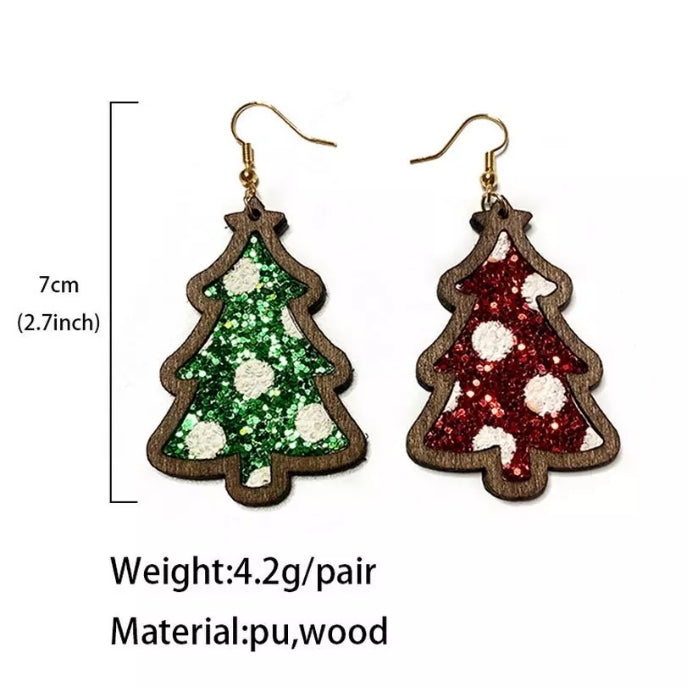 Christmas Tree Wood Cow Print  or Red / Green Glitter, Genuine Leather Earrings