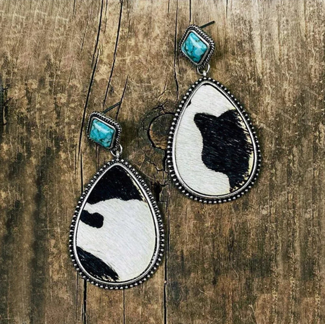 Dainty Vintage Cow Pattern with Turquoise Earrings