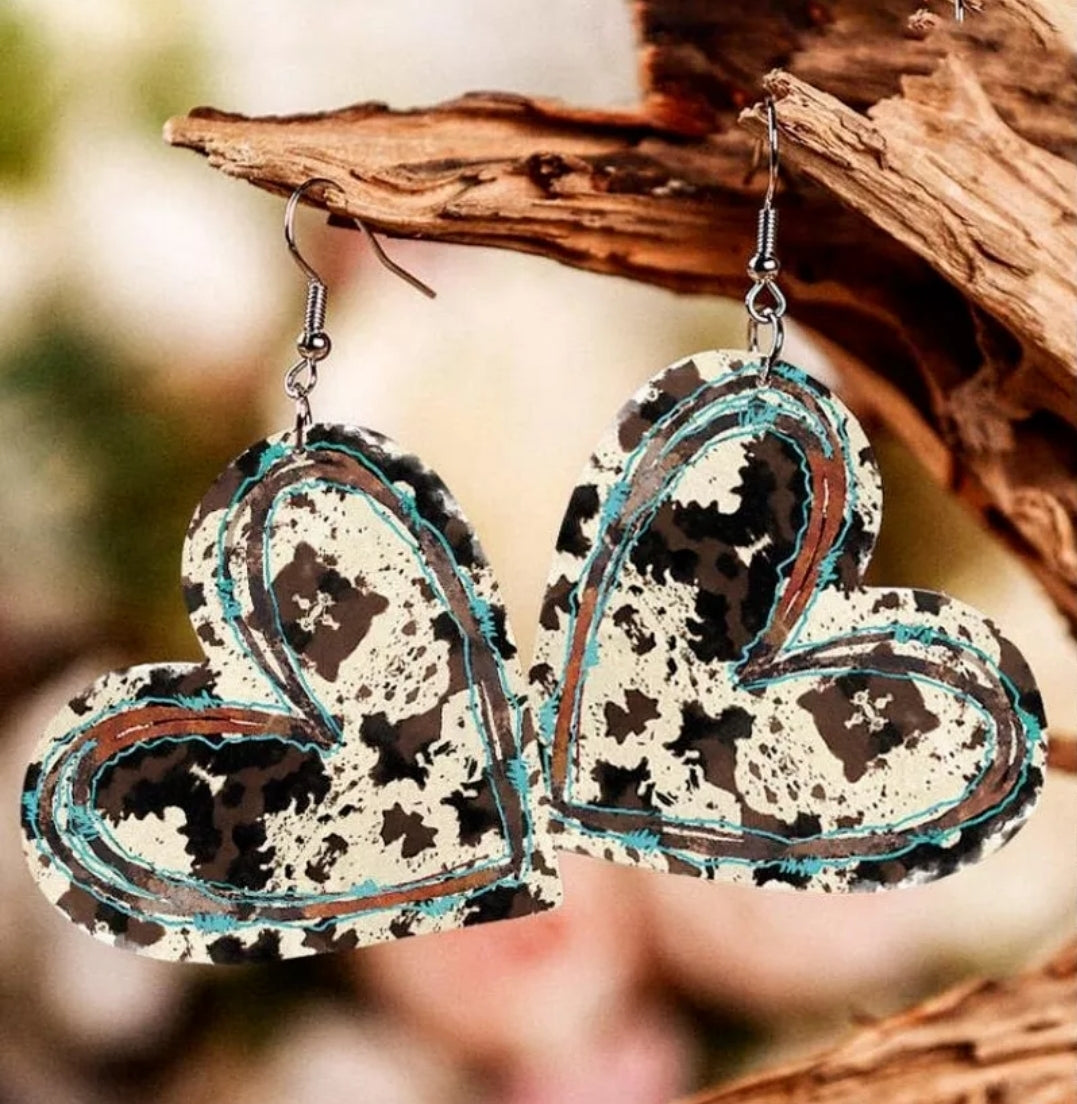 Valentine's Day Cow Pattern with Turquoise, Heart Shaped Earrings