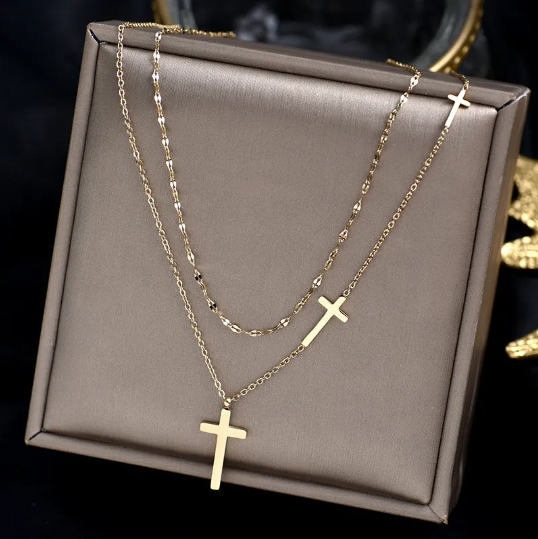 Stainless Steel Double Layered, Cross Necklace