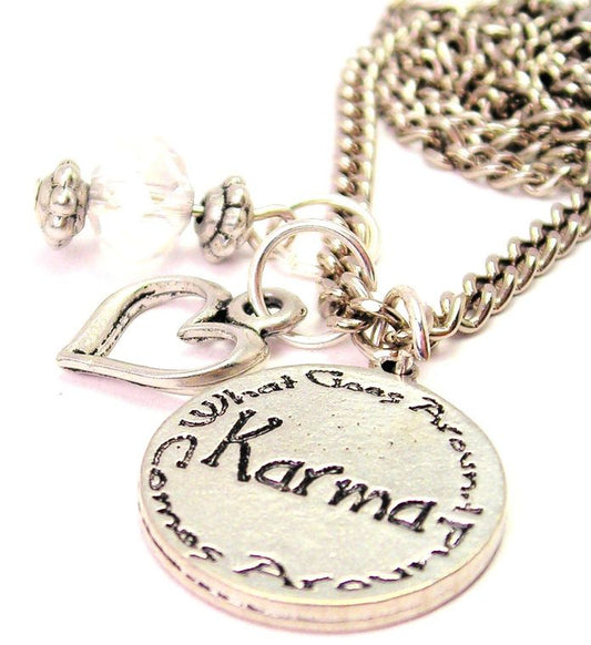Karma What Goes Around Comes Around Heart And Crystal  Necklace
